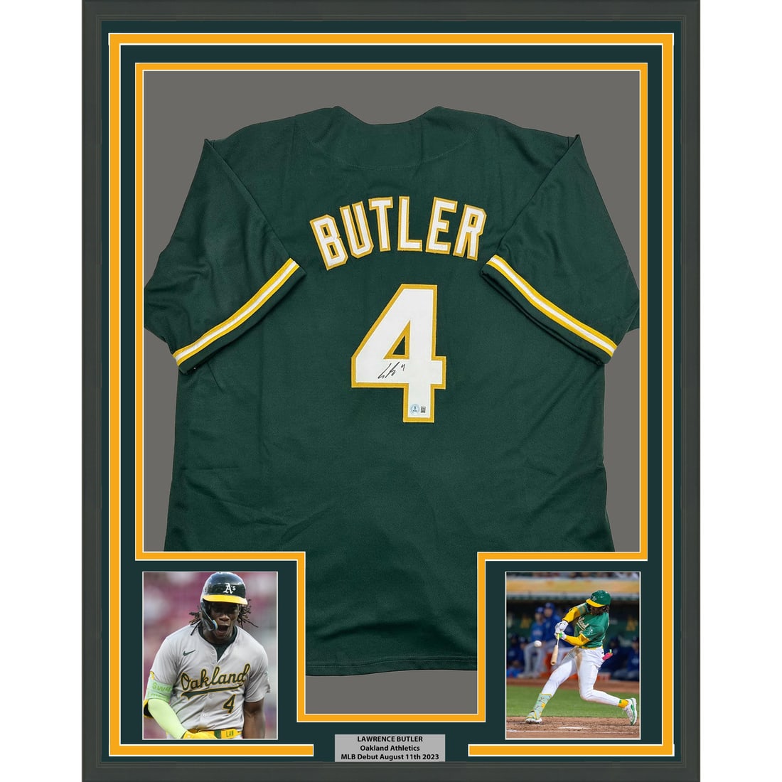 Lawrence Butler Oakland Athletics Signed Green Jersey 35x39 Framed with Beckett COA: Lawrence Butler Oakland Athletics Signed Green Jersey 35x39 Framed with Beckett COA This framed Oakland Athletics jersey is autographed by Lawrence Butler and comes with Beckett authentication. The je