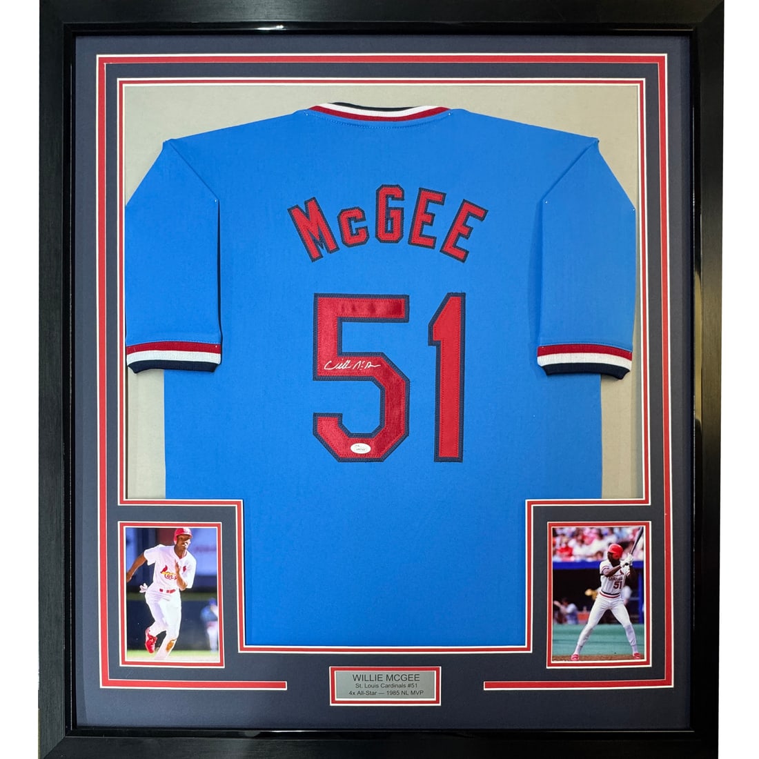 Framed Willie McGee Autographed Jersey 33x42 St. Louis Cardinals JSA COA: Framed Willie McGee Autographed Jersey 33x42 St. Louis Cardinals JSA COA This is a professionally framed autographed jersey of Willie McGee, showcasing his iconic St. Louis Cardinals number. The jerse