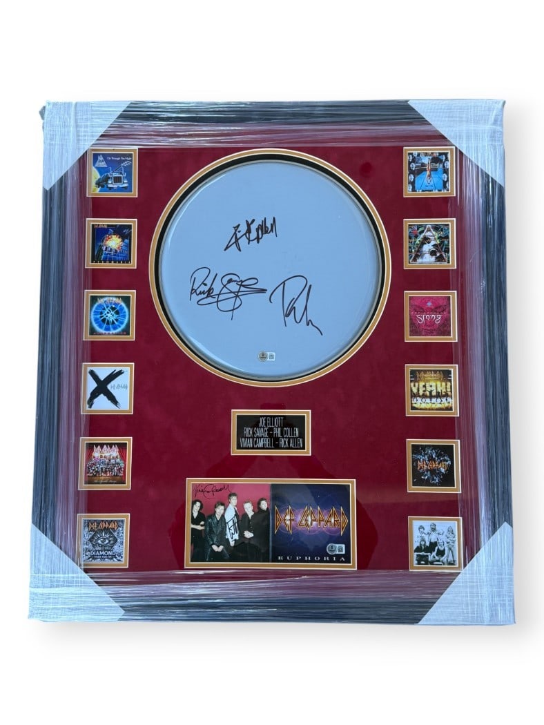 Framed Def Leppard Drumhead and CD Booklet Signed by Five Members Beckett Authenticated (1 of 5)