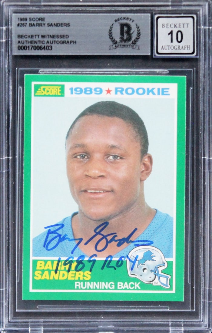 Barry Sanders Signed 1989 Score Rookie Card Gem Mint 10 Inscribed 1989 ROY Beckett Authenticated (1 of 2)