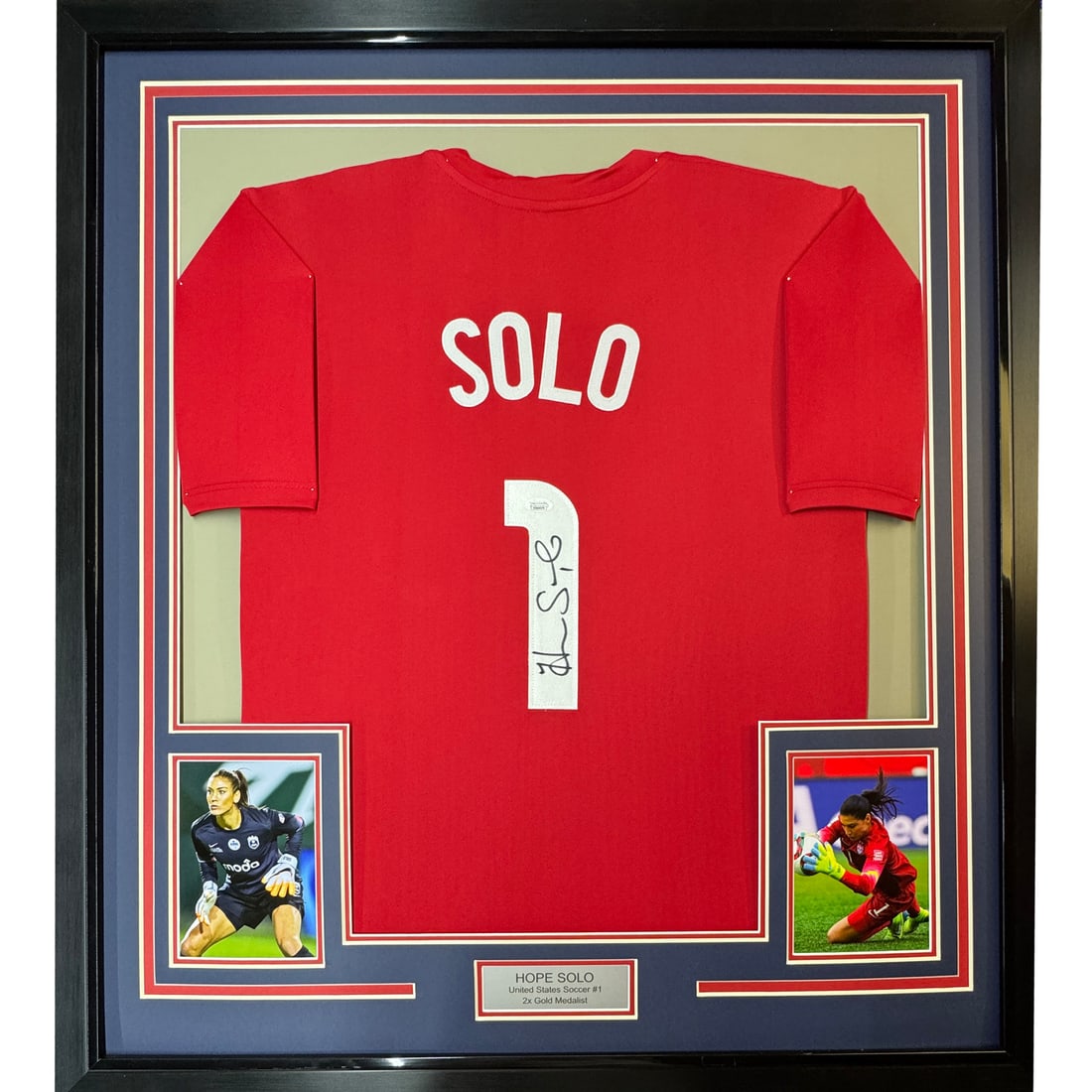 Hope Solo Autographed Framed USA World Cup Jersey 35x39 JSA COA: Hope Solo Autographed Framed USA World Cup Jersey 35x39 JSA COA This framed autographed jersey features Hope Solo, the renowned goalkeeper for the United States Women's National Soccer Team. Measuring