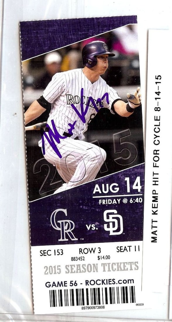 Matt Kemp Autographed Ticket Stub Dodgers Hit for Cycle 8/14/15 Beckett Authenticated: Matt Kemp Autographed Ticket Stub Dodgers Hit for Cycle 8/14/15 Beckett Authenticated This is an original ticket stub autographed by Matt Kemp, commemorating his achievement of hitting for a cycle on