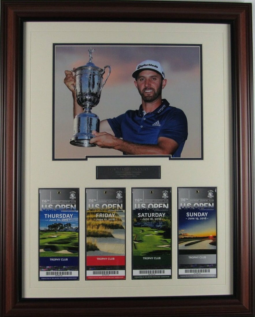 Dustin Johnson US Open Ticket Collage Framed Original Photo: Dustin Johnson US Open Ticket Collage Framed Original Photo Celebrate the achievements of golf champion Dustin Johnson with this stunning framed collage featuring original tickets from the US Open. Th
