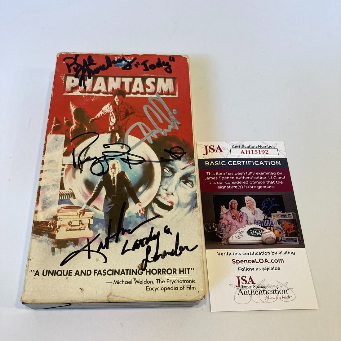 Phantasm Vintage VHS Signed by Reggie Bannister and Cast JSA COA: Phantasm Vintage VHS Signed by Reggie Bannister and Cast JSA COA This original Phantasm vintage VHS movie is signed by Reggie Bannister, Bill Thornbury, Kathy Lester, and Don Coscarelli. It comes with