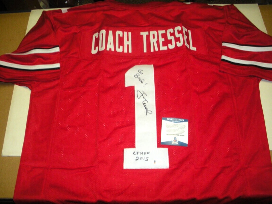 Jim Tressel Signed Ohio State Buckeyes Jersey Hall of Fame 2015: Jim Tressel Signed Ohio State Buckeyes Jersey Hall of Fame 2015 This is an original signed jersey featuring Jim Tressel, the legendary coach of the Ohio State Buckeyes, commemorating his induction int