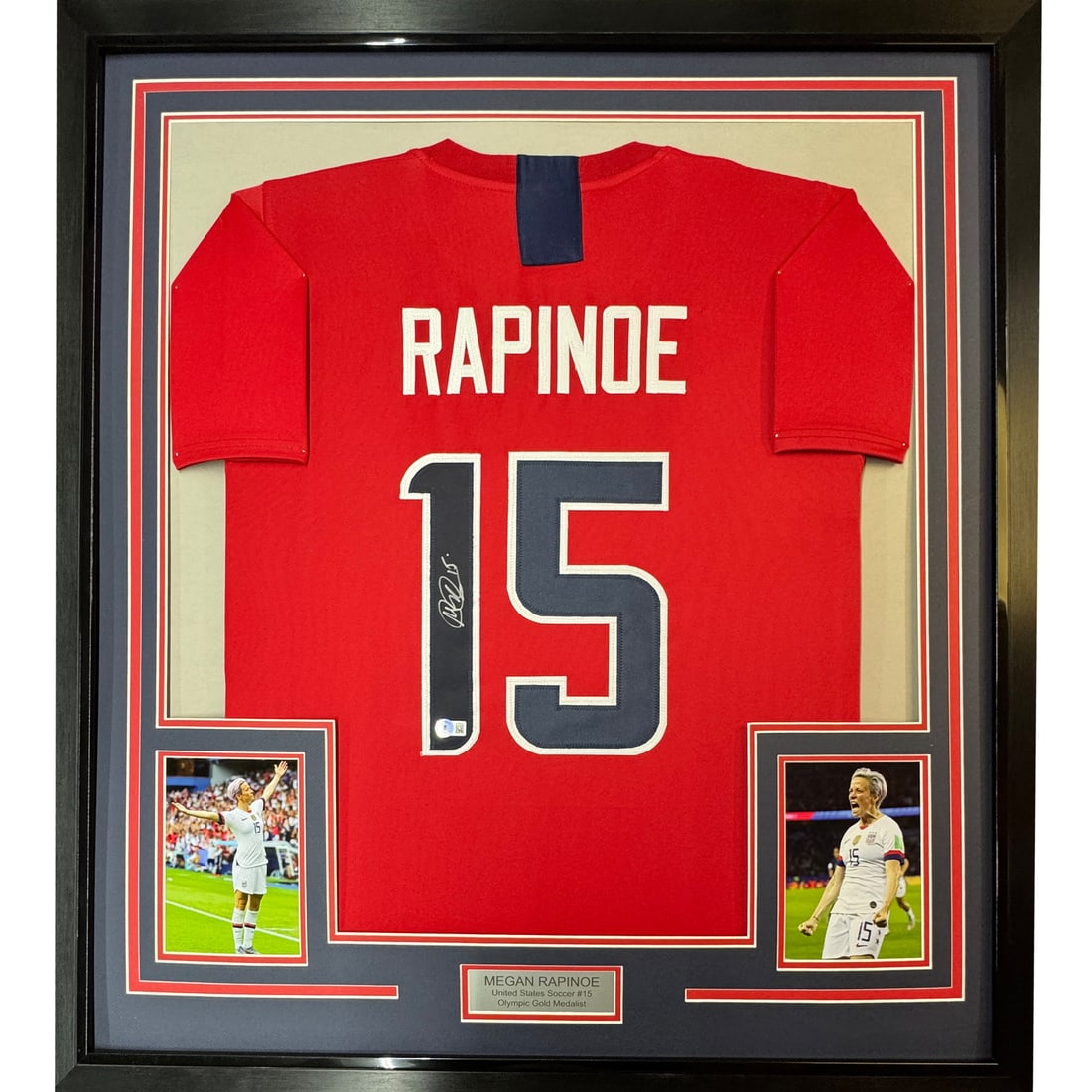 Framed Autographed Megan Rapinoe Jersey with JSA COA 33x42 USA Soccer: Framed Autographed Megan Rapinoe Jersey with JSA COA 33x42 USA Soccer Celebrate the remarkable career of Megan Rapinoe with this professionally framed and autographed red soccer jersey representing th