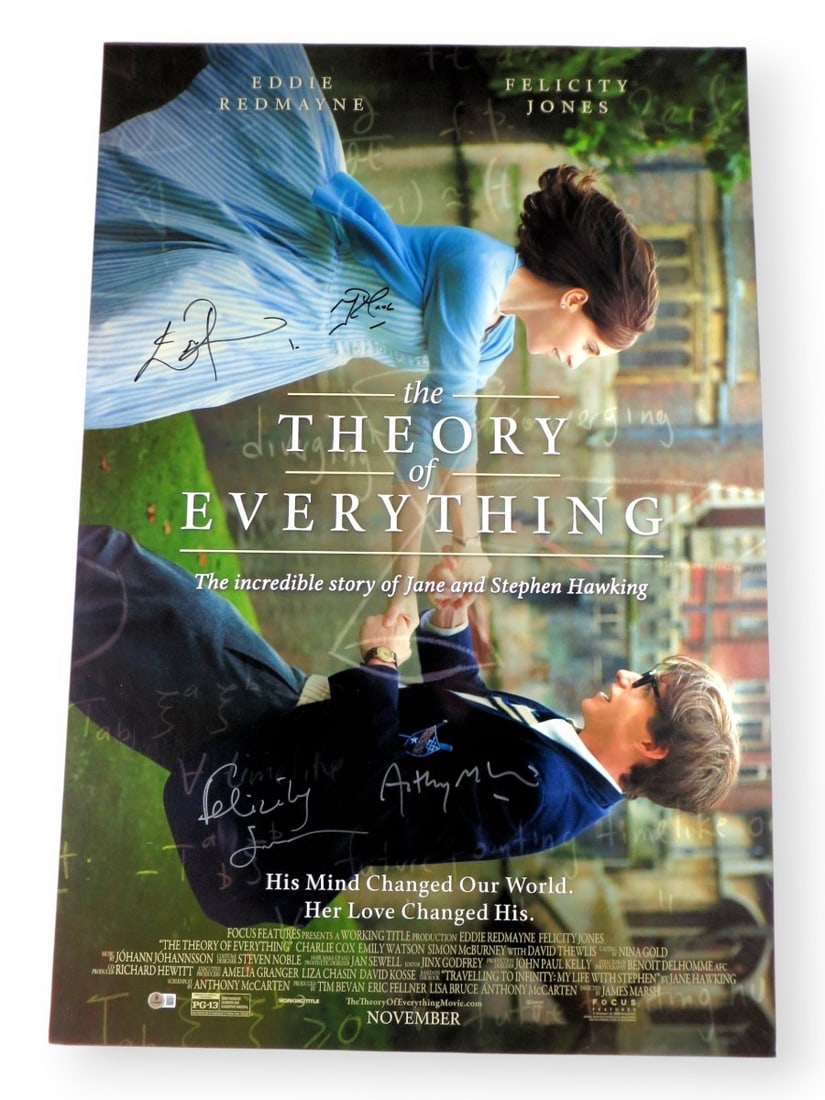 The Theory of Everything 27X40 Autographed Poster Redmayne Jones McCarten BAS: The Theory of Everything 27X40 Autographed Poster Redmayne Jones McCarten BAS This original 27X40 poster of 'The Theory of Everything' features authentic signatures from Eddie Redmayne, Felicity Jones