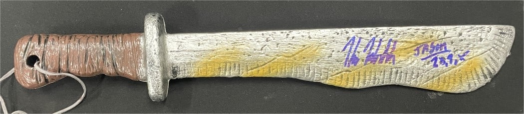 Kane Hodder Signed 17 Inch Toy Sword Friday the 13th JSA Authenticated: Kane Hodder Signed 17 Inch Toy Sword Friday the 13th JSA Authenticated This authentic toy sword, measuring 17 inches long, is signed by Kane Hodder, renowned for his portrayal of Jason Voorhees in the