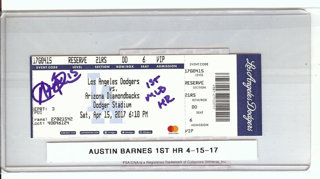 Austin Barnes Signed Ticket Stub 1st MLB HR Dodgers PSA/DNA: Austin Barnes Signed Ticket Stub 1st MLB HR Dodgers PSA/DNA Celebrate a significant moment in baseball history with this original ticket stub from Austin Barnes' first Major League Baseball home run o
