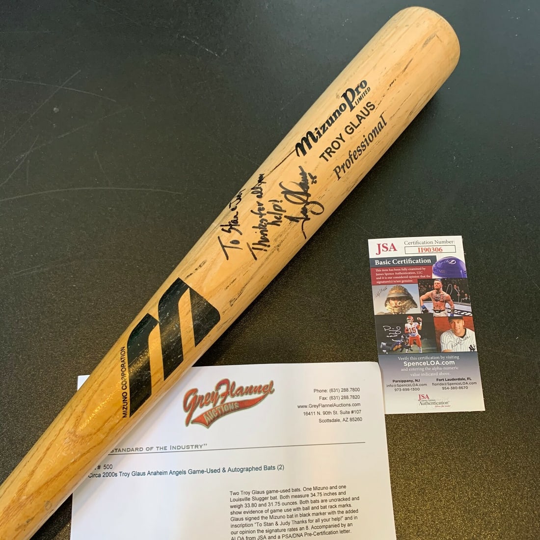 Troy Glaus Signed Game Used MLB Bat with JSA and Grey Flanell COA: Troy Glaus Signed Game Used MLB Bat with JSA and Grey Flanell COA This is a Troy Glaus signed game-used baseball bat, authenticated by James Spence Authentication (JSA) and accompanied by a Grey Flane