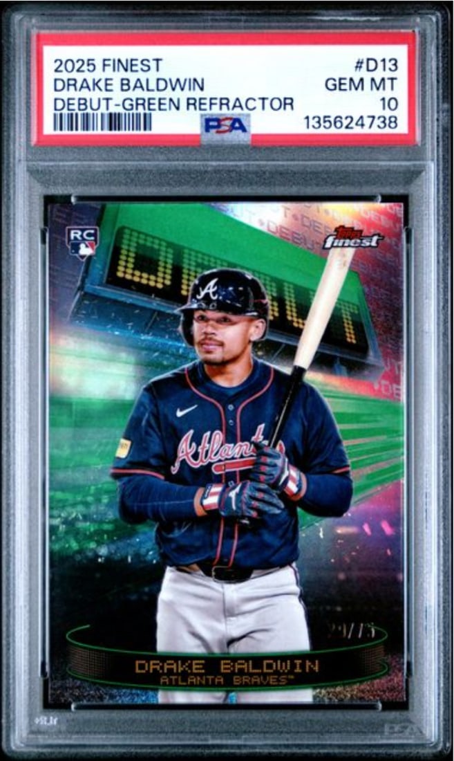 PSA 10 Drake Baldwin 2025 Topps Finest Green Refractor Rookie Card #D13 Serial 75: PSA 10 Drake Baldwin 2025 Topps Finest Green Refractor Rookie Card #D13 Serial 75 This is an original 2025 Topps Finest Drake Baldwin #D13 Green REF /75 Rookie Card, professionally graded PSA 10 by Pr