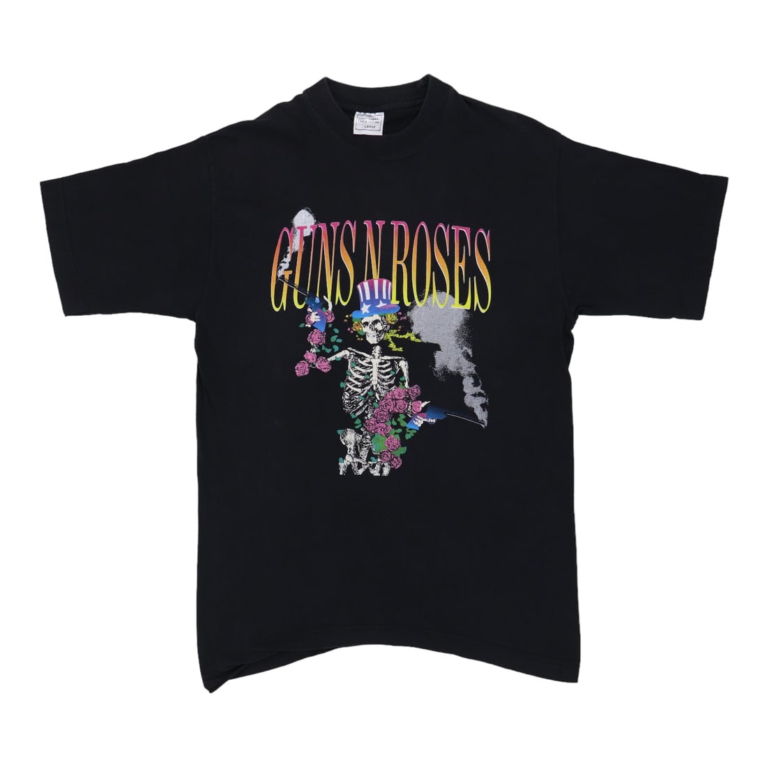 Vintage 1990s Guns N Roses Black Cotton T-Shirt with Front and Back Graphics: Vintage 1990s Guns N Roses Black Cotton T-Shirt with Front and Back Graphics This is an original vintage Guns N' Roses shirt from the 1990s, featuring graphics on both the front and back. The shirt is