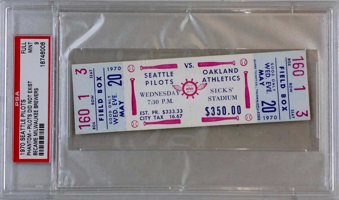 Seattle Pilots vs Oakland Athletics 1970 Full Unused Ticket PSA 9 (1 of 2)