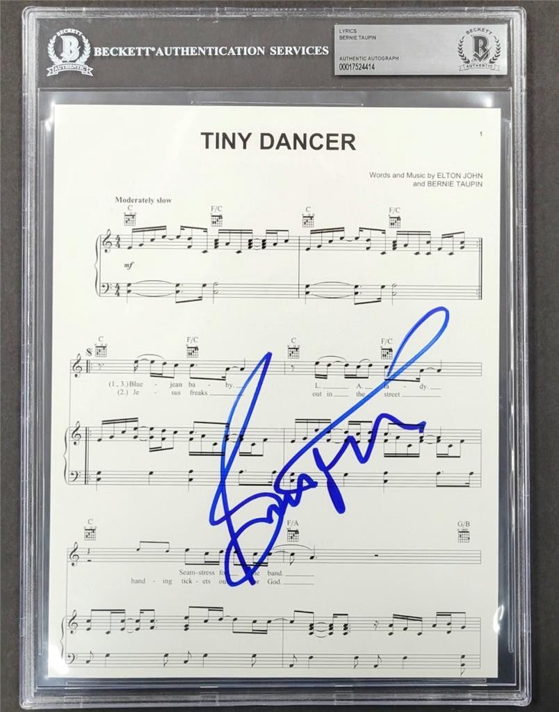 Bernie Taupin Signed Tiny Dancer Lyrics Sheet Beckett Authenticated 8x10 (1 of 3)