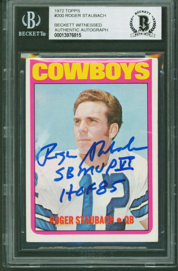 Roger Staubach Signed 1972 Topps #200 Rookie Card with Inscription Beckett Authenticated (1 of 2)
