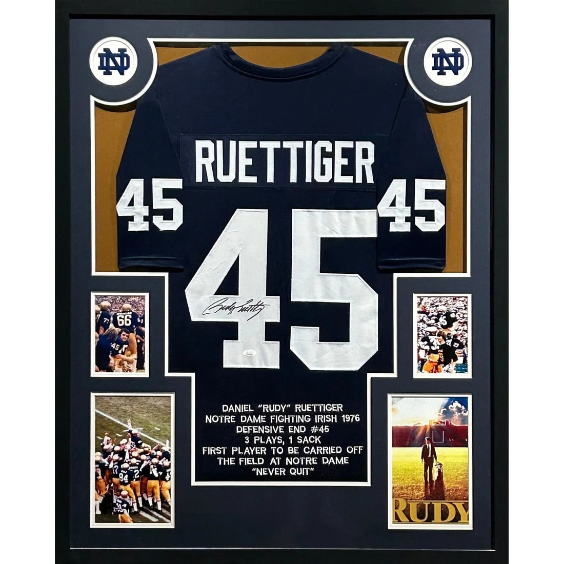 Framed Rudy Ruettiger Autographed Notre Dame Jersey With JSA Authentication: Framed Rudy Ruettiger Autographed Notre Dame Jersey With JSA Authentication This framed jersey is autographed by Rudy Ruettiger and celebrates his legacy from the classic Notre Dame movie. The jersey