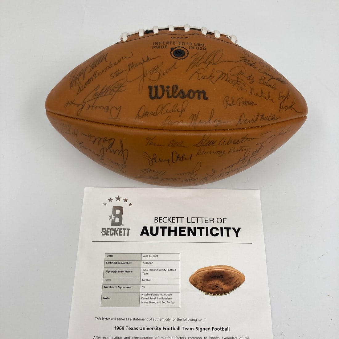 1969 Texas Longhorns Signed Football 55 Autographs Beckett COA: 1969 Texas Longhorns Signed Football 55 Autographs Beckett COA This 1969 Texas Longhorns National Champions Team Signed Football is a remarkable piece of sports memorabilia, featuring approximately 55