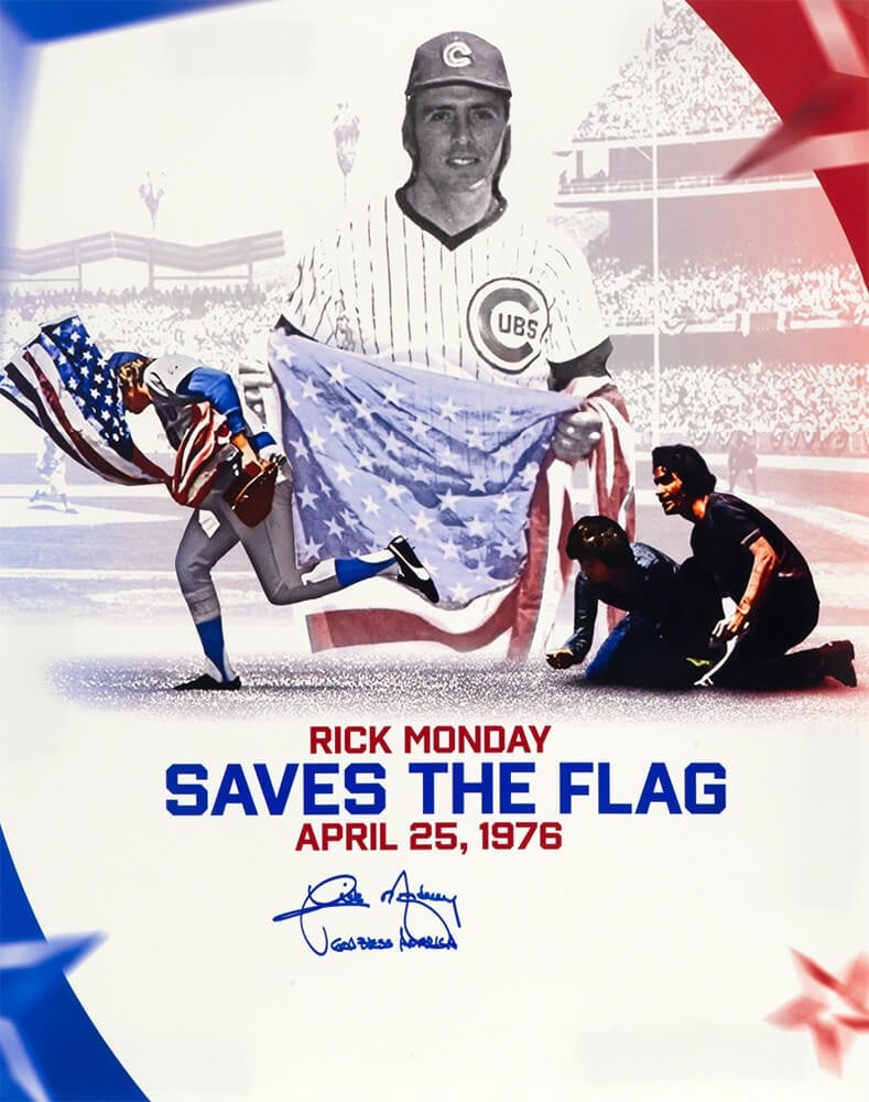 16x20 Cubs Flag Collage Photo Signed by Rick Monday with God Bless America Inscription: 16x20 Cubs Flag Collage Photo Signed by Rick Monday with God Bless America Inscription This is an original 16x20 photo collage featuring Rick Monday of the Chicago Cubs, signed by Rick Monday himself.