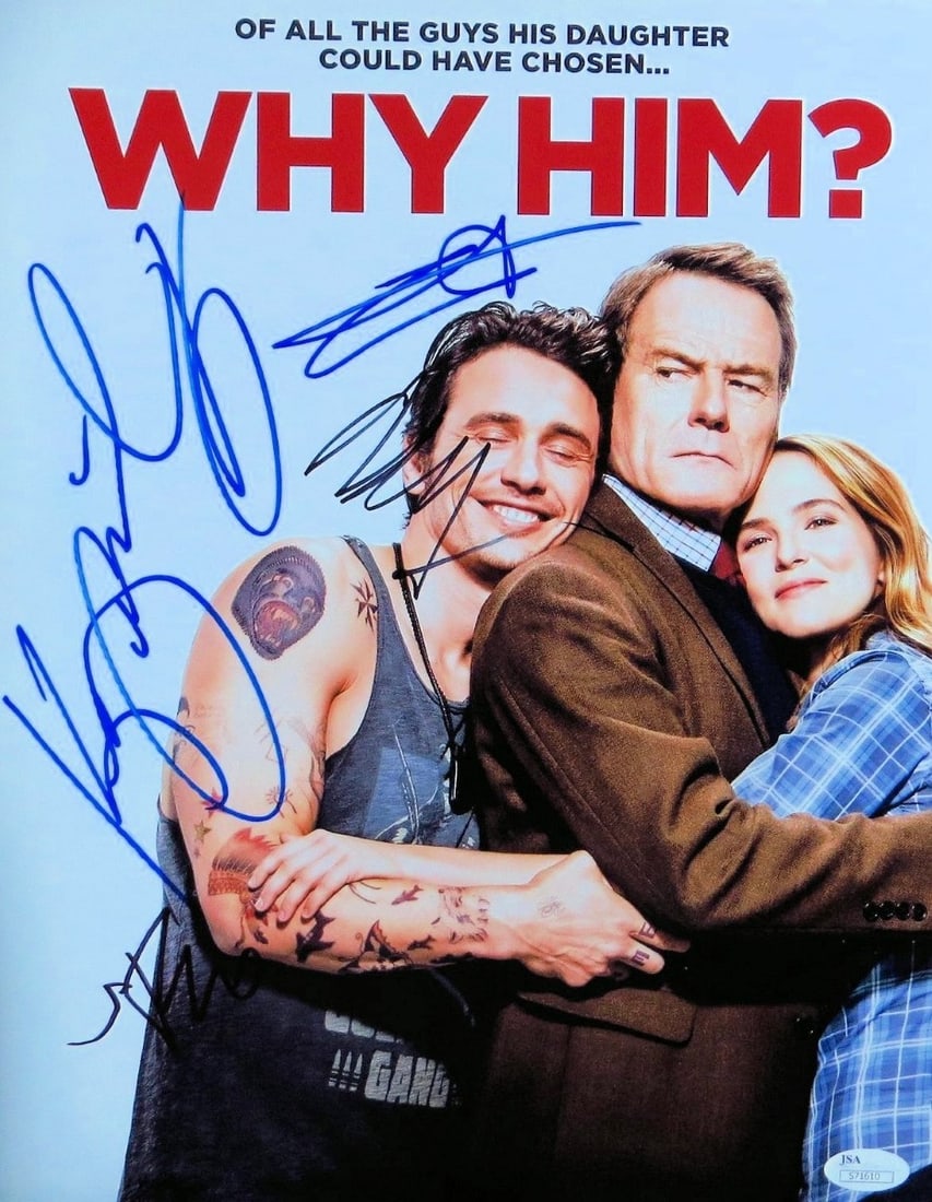 Why Him? Signed 11X14 Photo Cast James Franco Zoey Deutch Key JSA: Why Him? Signed 11X14 Photo Cast James Franco Zoey Deutch Key JSA This is an original 11x14 photograph from the movie "Why Him?" featuring autographs from cast members James Franco, Zoey Deutch, and K