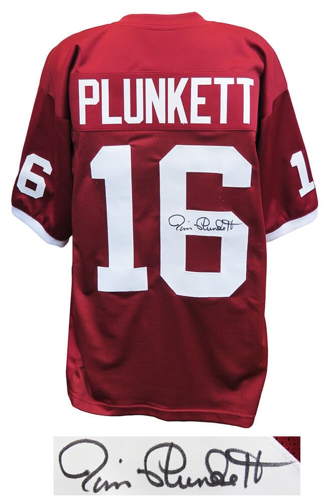 Jim Plunkett Signed Stanford Cardinals Red Throwback Jersey COA: Jim Plunkett Signed Stanford Cardinals Red Throwback Jersey COA Jim Plunkett Signed Stanford Cardinals Red Throwback Jersey COA This is an original signed red throwback custom football jersey of Jim P