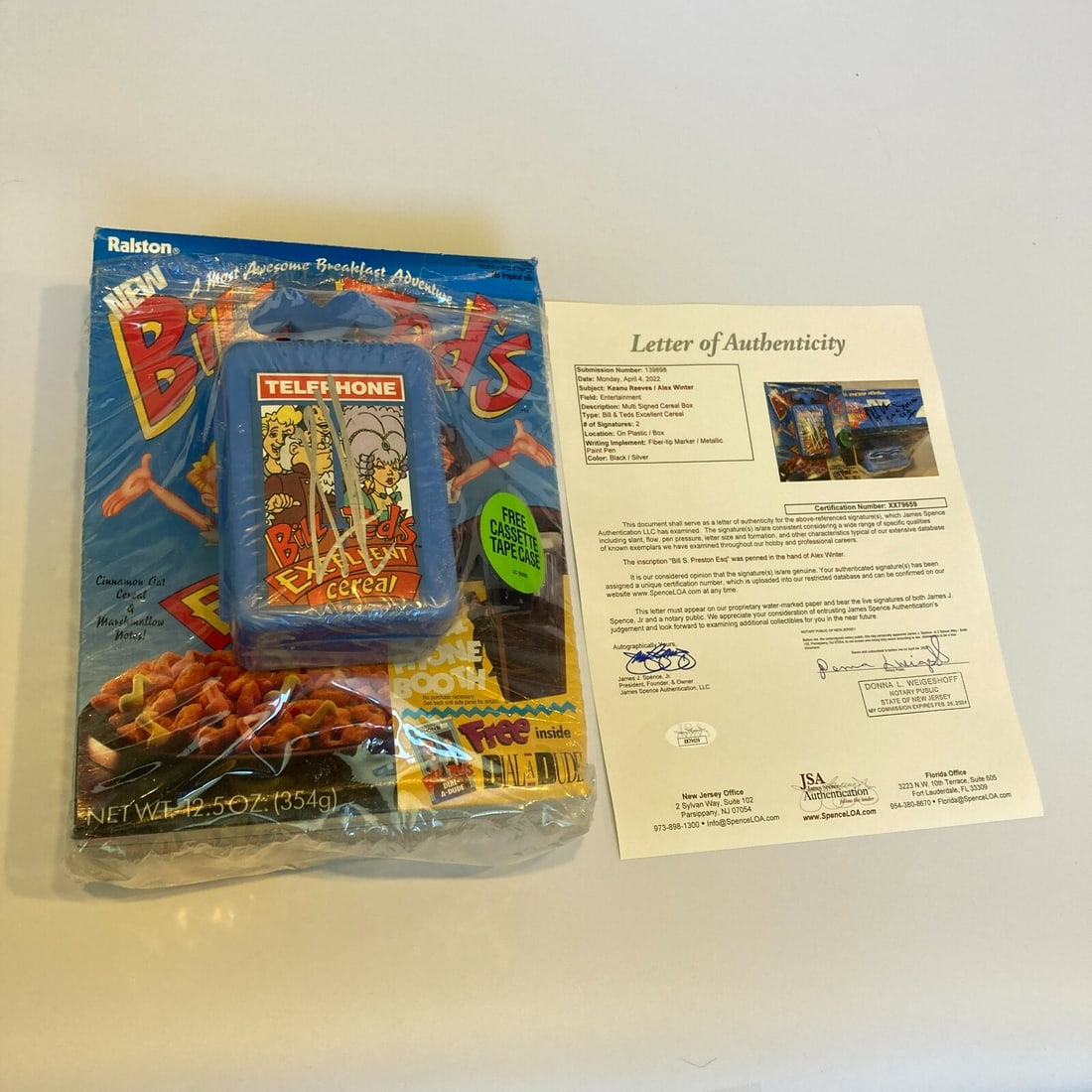 Keanu Reeves Alex Winter Signed Bill & Ted Cereal Box with JSA COA: Keanu Reeves Alex Winter Signed Bill & Ted Cereal Box with JSA COA This unique collectible features a cereal box signed by Keanu Reeves and Alex Winter, famous for their roles in the classic film 'Bil