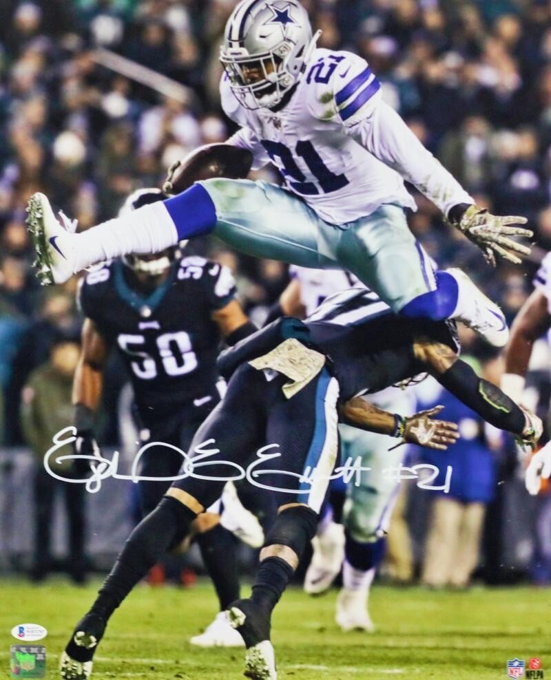 Ezekiel Elliott Autographed Dallas Cowboys 16x20 Photo Beckett Auth: Ezekiel Elliott Autographed Dallas Cowboys 16x20 Photo Beckett Auth Capture a thrilling moment in sports history with this autographed 16x20 photo of Ezekiel Elliott jumping, representing the Dallas C
