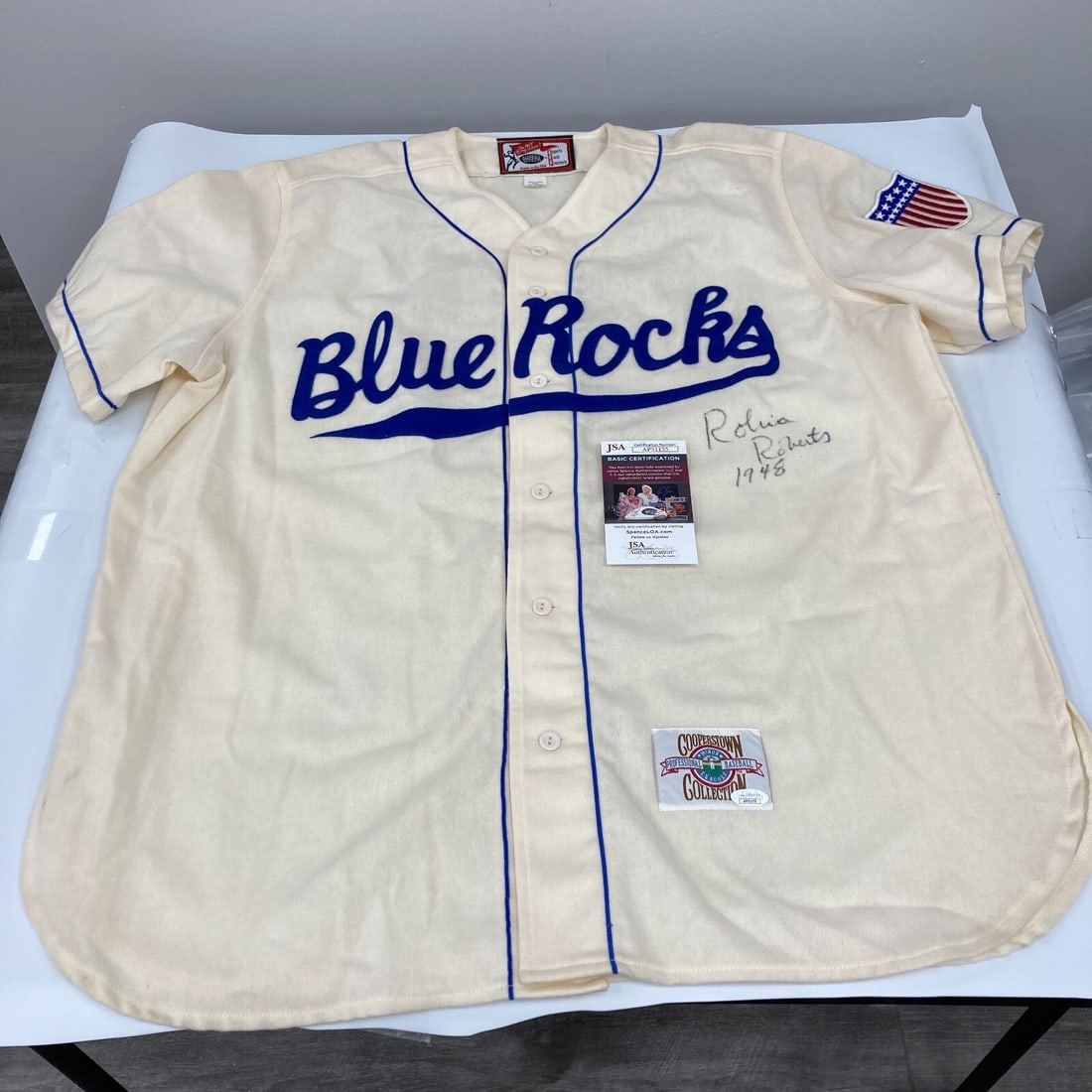 1948 Robin Roberts Signed Wilmington Blue Rocks Jersey JSA COA: 1948 Robin Roberts Signed Wilmington Blue Rocks Jersey JSA COA Celebrate the legacy of baseball with this original 1948 signed minor league jersey from Robin Roberts, a renowned player. Authenticated