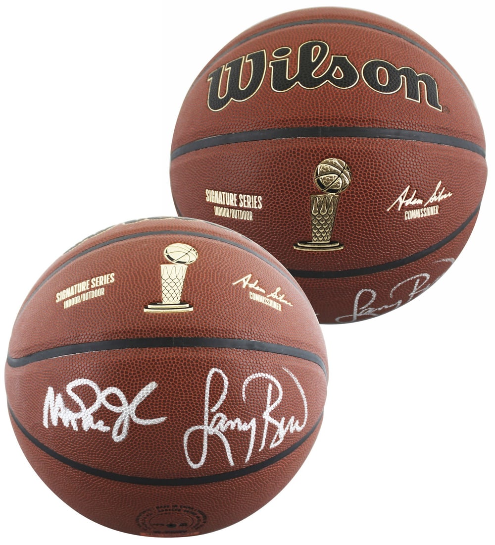 Magic Johnson Larry Bird Signed Wilson Trophy Basketball BAS Witnessed (1 of 4)