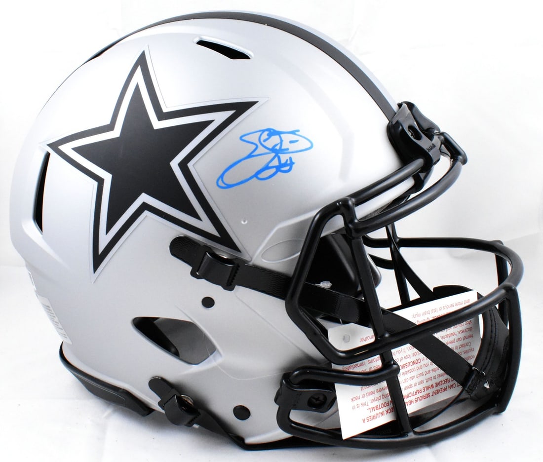 Emmitt Smith Autographed Dallas Cowboys Rave Speed Helmet Beckett Authenticated: Emmitt Smith Autographed Dallas Cowboys Rave Speed Helmet Beckett Authenticated This authentic Rave Speed football helmet is signed by Emmitt Smith, the legendary running back of the Dallas Cowboys. T