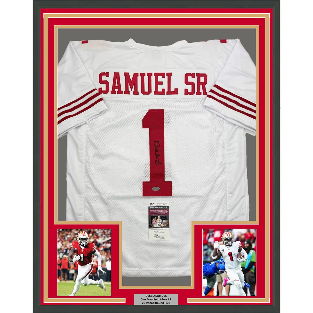 Framed Autographed Deebo Samuel San Francisco 49ers Jersey JSA COA: Framed Autographed Deebo Samuel San Francisco 49ers Jersey JSA COA This professionally framed and matted autographed jersey features Deebo Samuel Sr., the standout player for the San Francisco 49ers.