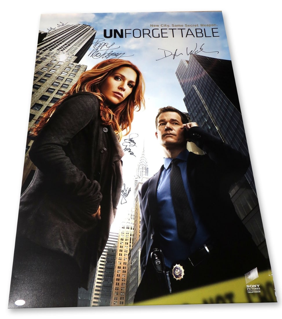 Unforgettable Cast Signed 27x40 Poster JSA Authenticated Poppy Montgomery +3: Unforgettable Cast Signed 27x40 Poster JSA Authenticated Poppy Montgomery +3 This original 27x40 poster features the autographs of the Unforgettable cast, including Poppy Montgomery, Dylan Walsh, Jame