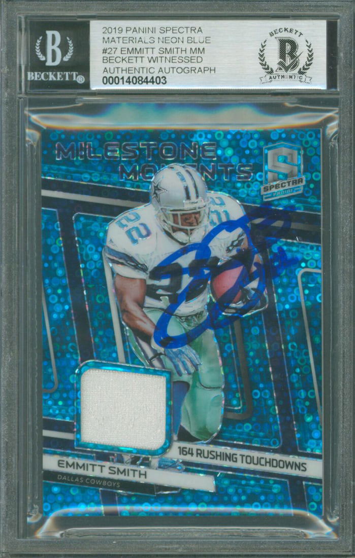 Emmitt Smith Autographed 2019 Panini Spectra Neon Blue #27 Card Beckett Certified (1 of 2)