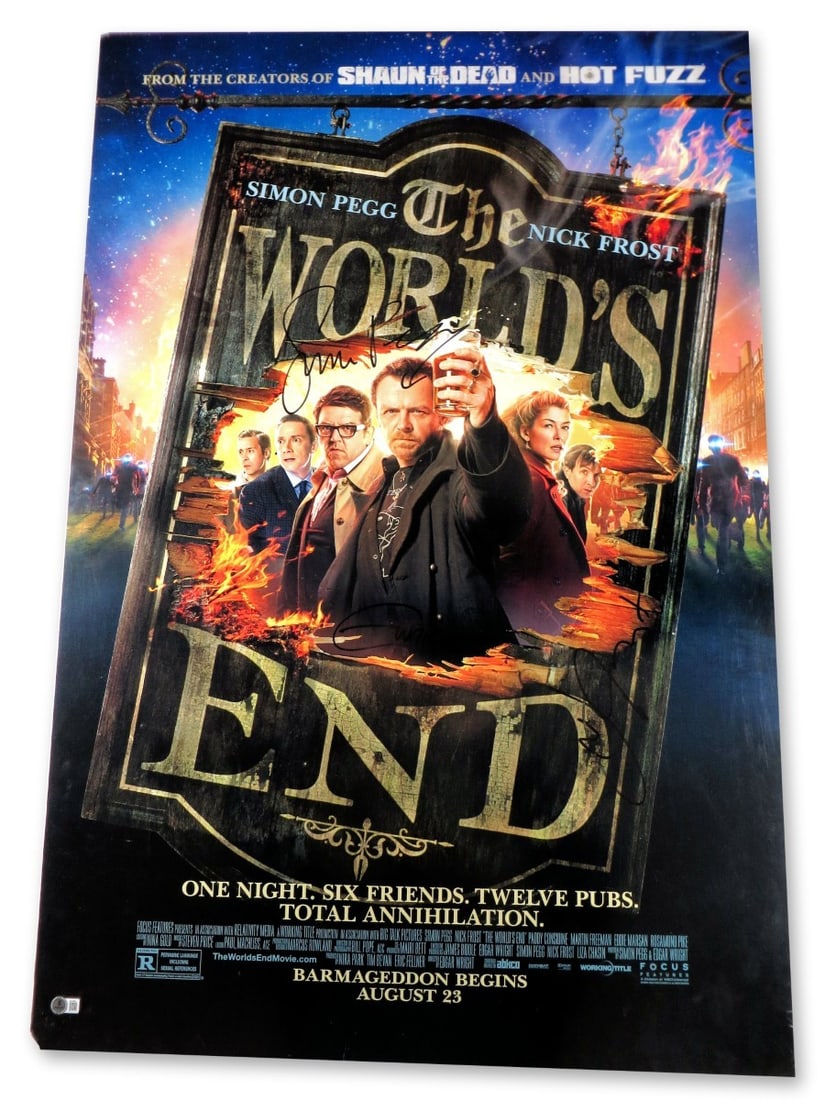 The World's End Autographed 27x40 Poster by Pegg Frost Wright Beckett Authenticated: The World's End Autographed 27x40 Poster by Pegg Frost Wright Beckett Authenticated This is an original autographed poster for 'The World's End', measuring 27x40 inches. It features the signatures of