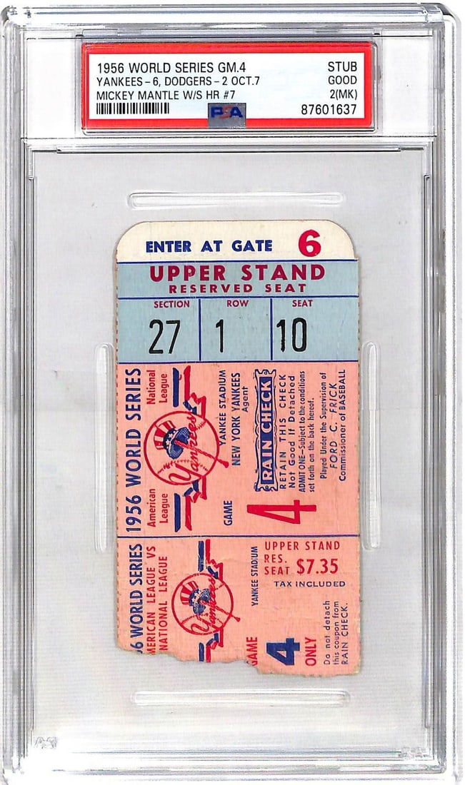 1956 World Series Game 4 Ticket Yankees Dodgers Mantle HR 7 PSA 2 (1 of 3)