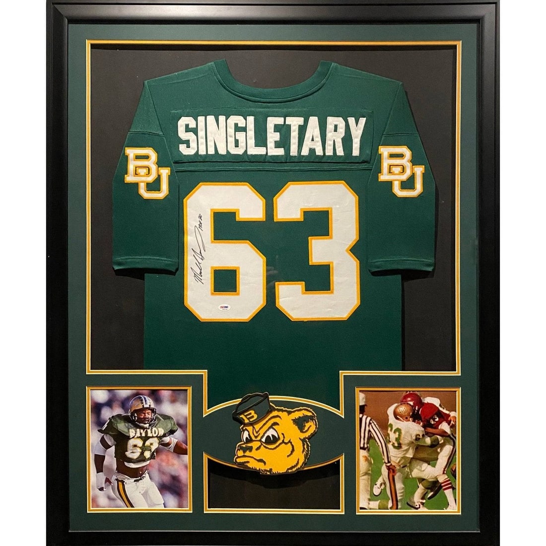 Mike Singletary Autographed Framed Jersey PSA/DNA Baylor Bears: Mike Singletary Autographed Framed Jersey PSA/DNA Baylor Bears This is a pre-owned, autographed framed jersey of Mike Singletary, featuring the Baylor Bears logo. The jersey is authenticated by PSA/DN