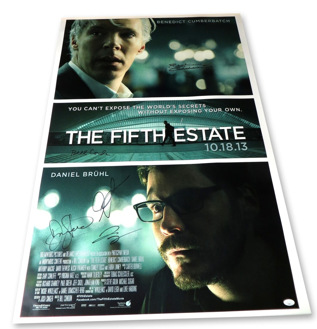 The Fifth Estate Cast Autographed 27X40 Poster Cumberbatch Bruhl Condon JSA Authenticated (1 of 4)