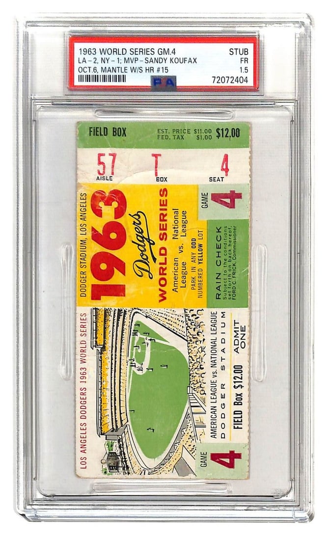 1963 World Series Game 4 Ticket Dodgers Yankees Mantle Koufax PSA 1.5 (1 of 3)