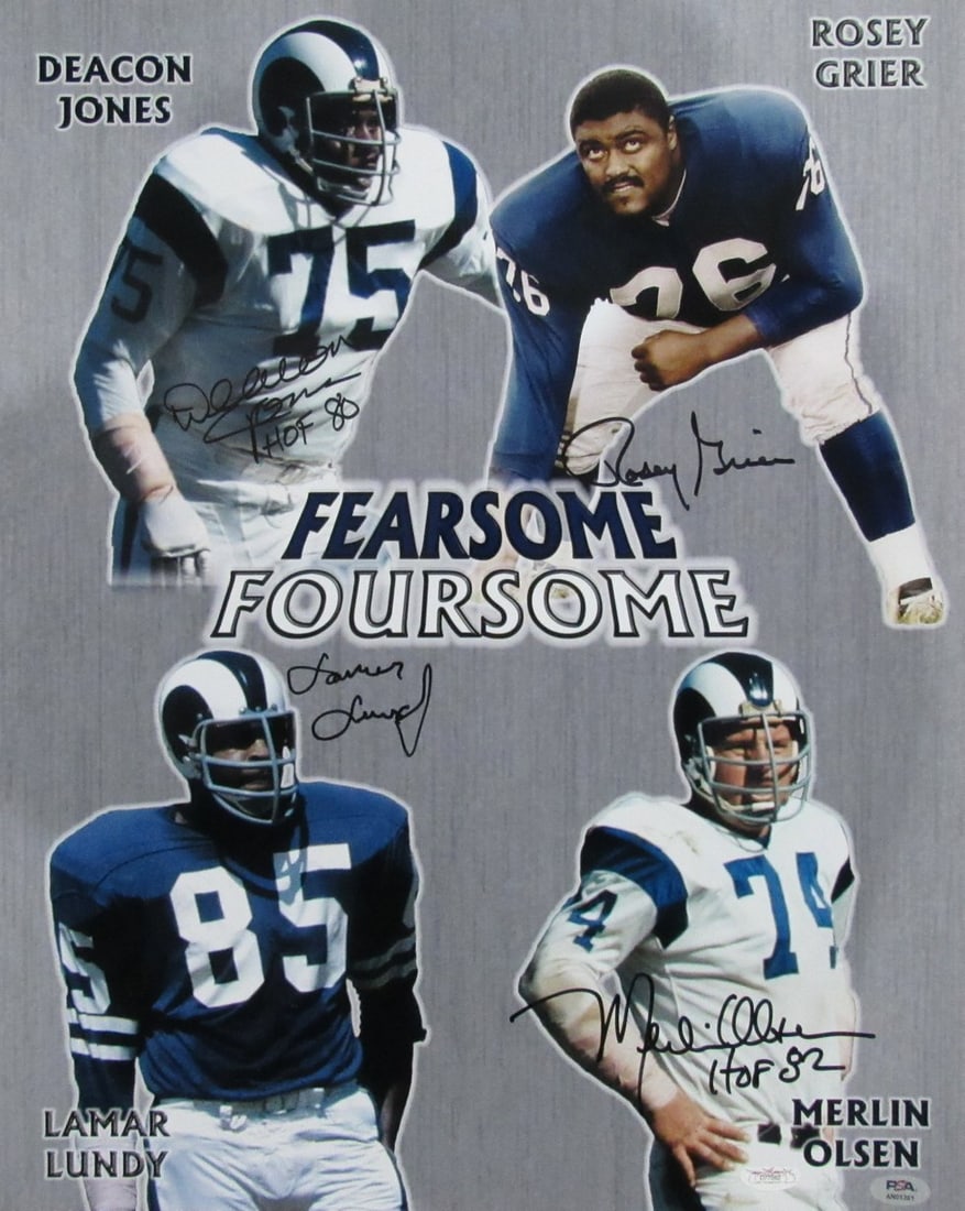 Fearsome Foursome Signed 16x20 LA Rams Photo PSA/DNA: Fearsome Foursome Signed 16x20 LA Rams Photo PSA/DNA This remarkable 16x20 photo features the legendary Fearsome Foursome, signed by four iconic players of the LA Rams: Deacon Jones, Rosey Grier, Lama