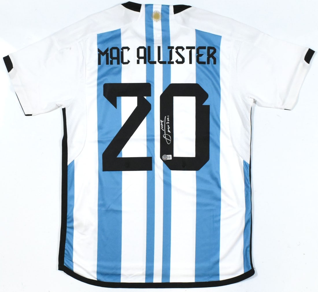Alexis Mac Allister Signed Argentina Jersey #20 Beckett Holo: Alexis Mac Allister Signed Argentina Jersey #20 Beckett Holo This is an original Argentina home soccer jersey, autographed by player Alexis Mac Allister, featuring the number 20. The jersey embodies t