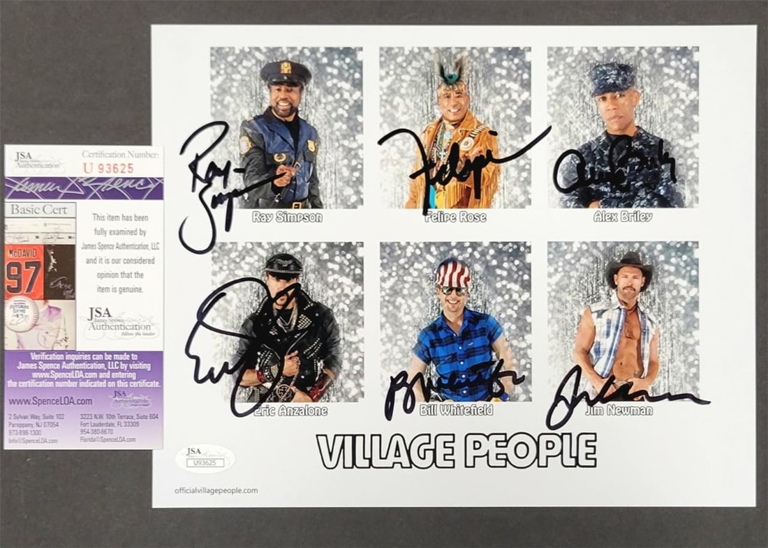 The Village People Signed 8x10 Photo Autographed JSA Authentication: The Village People Signed 8x10 Photo Autographed JSA Authentication This is an authentic 8x10 photo signed by all six members of The Village People, featuring their iconic autographs. The item is