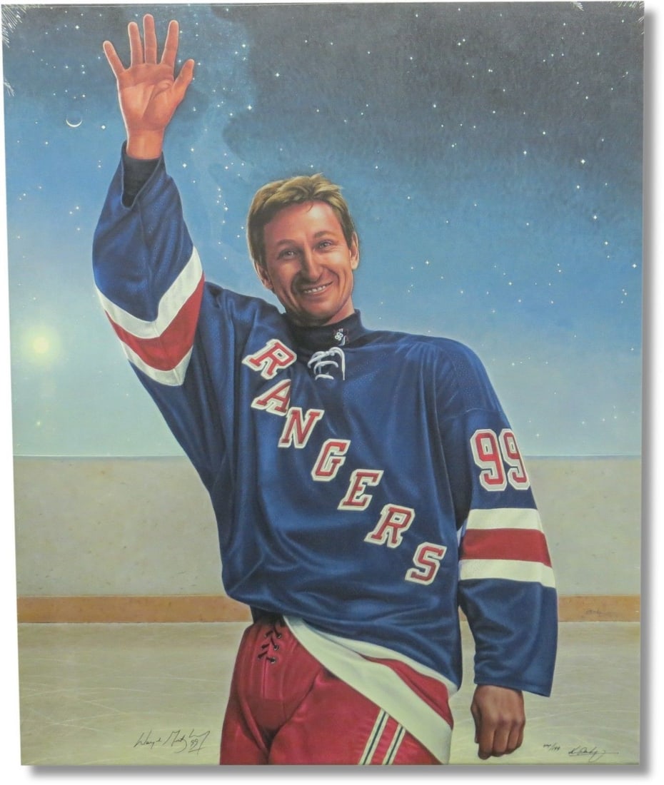 Wayne Gretzky The Great Farewell Signed Canvas Limited Edition 27x33: Wayne Gretzky The Great Farewell Signed Canvas Limited Edition 27x33 Celebrate the legacy of Wayne Gretzky with this stunning signed stretched canvas titled "The Great Farewell," created by renowned a