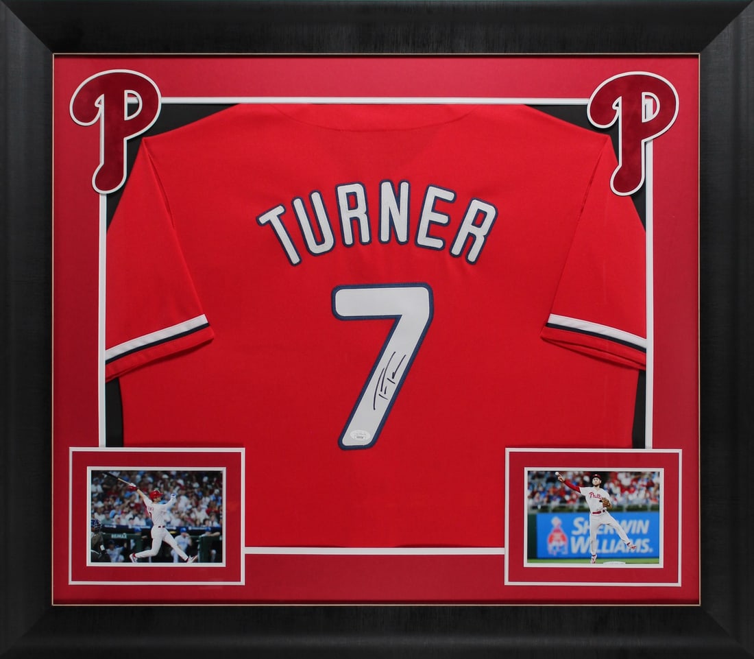 Trea Turner Signed Framed Jersey Philadelphia Phillies JSA COA 32 x 37: Trea Turner Signed Framed Jersey Philadelphia Phillies JSA COA 32 x 37 Celebrate the legacy of Trea Turner with this authentic signed red pro style framed jersey. This unique collectible features a bo