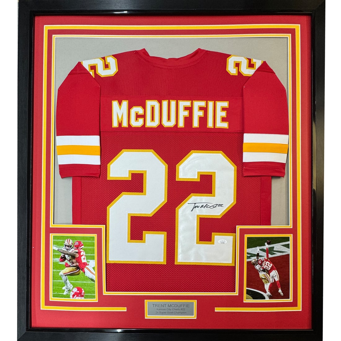 Framed Autographed Trent McDuffie Kansas City Chiefs Jersey with JSA COA: Framed Autographed Trent McDuffie Kansas City Chiefs Jersey with JSA COA Celebrate your passion for football with this framed autographed Trent McDuffie Kansas City Chiefs jersey. This original piece
