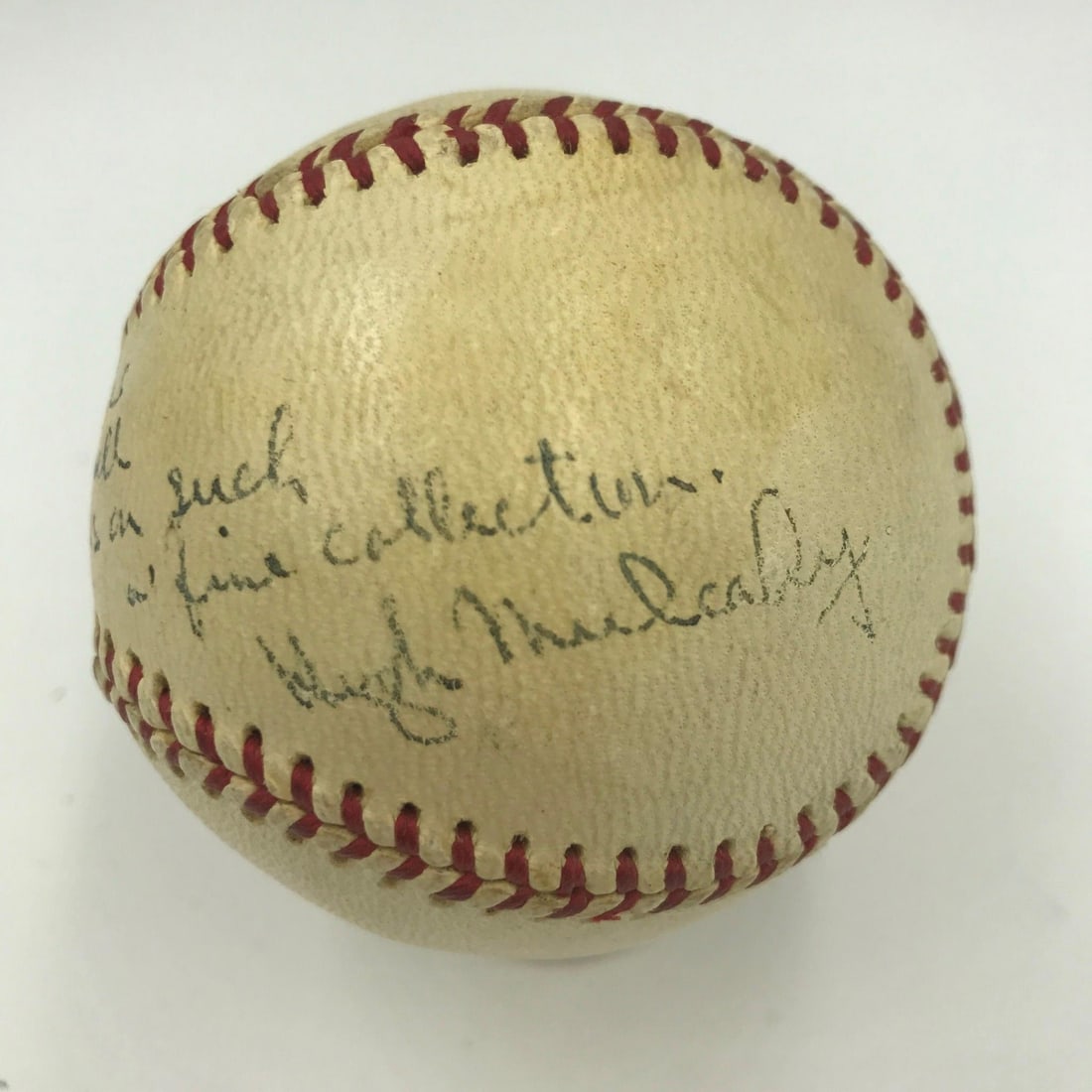 1960s Hugh Mulcahy Signed Baseball PSA DNA COA WW2 Drafted Player: 1960s Hugh Mulcahy Signed Baseball PSA DNA COA WW2 Drafted Player This authentic 1960's Hugh Mulcahy signed baseball is a unique collectible, commemorating the first baseball player drafted during Wor