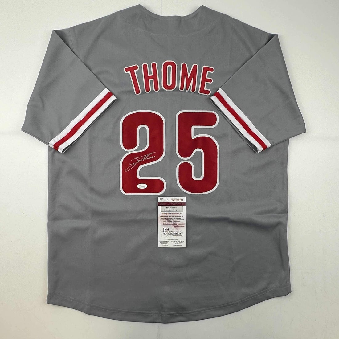 Jim Thome Autographed Philadelphia Phillies Grey Baseball Jersey JSA: Jim Thome Autographed Philadelphia Phillies Grey Baseball Jersey JSA Celebrate your love for baseball with this autographed Jim Thome Philadelphia Grey Baseball Jersey, featuring the iconic player's n