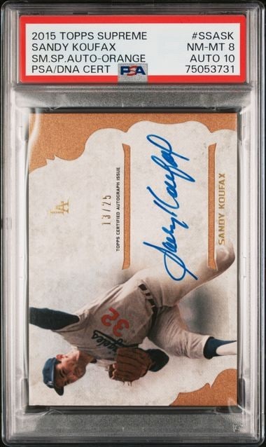 Sandy Koufax 2015 Topps Supreme Orange #SSASK PSA 10 Auto 13/25: Sandy Koufax 2015 Topps Supreme Orange #SSASK PSA 10 Auto 13/25 This is a 2015 Topps Supreme Sandy Koufax baseball card featuring the Simply Supreme Orange variant. Graded by PSA with an auto grade of