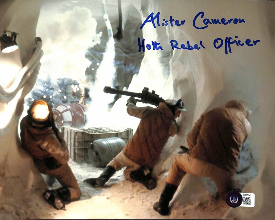 Alister Cameron Hoth Rebel Officer Signed 8x10 Star Wars Photo Beckett Authenticated: Alister Cameron Hoth Rebel Officer Signed 8x10 Star Wars Photo Beckett Authenticated This stunning 8x10 color photograph features Alister Cameron, who portrayed a Hoth Rebel Officer in Star Wars: The