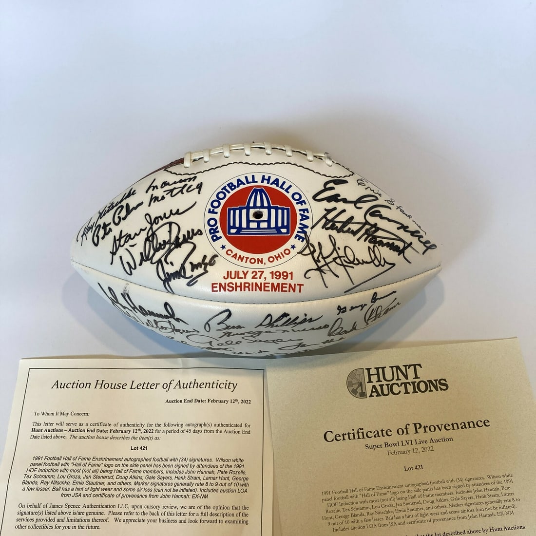 1991 Hall of Fame Enshrinement Autographed Football 34 Sigs JSA COA: 1991 Hall of Fame Enshrinement Autographed Football 34 Sigs JSA COA Celebrate the history of football with this 1991 Hall of Fame Enshrinement signed football. This original Wilson white panel footbal