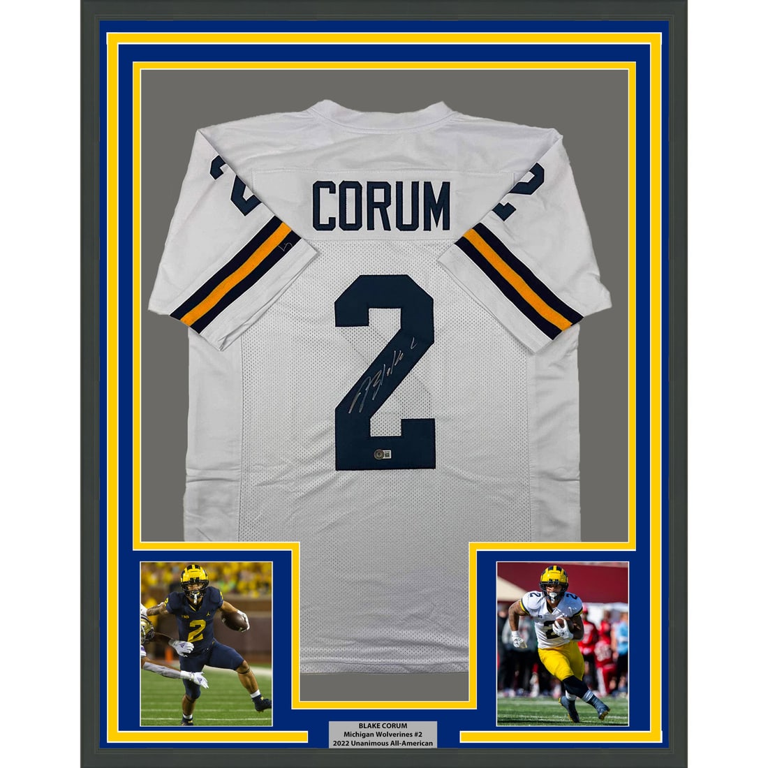 Framed Autographed Blake Corum Michigan Jersey with BAS COA: Framed Autographed Blake Corum Michigan Jersey with BAS COA Celebrate your love for college football with this professionally framed and matted Blake Corum Michigan Wolverines jersey. Featuring the pl