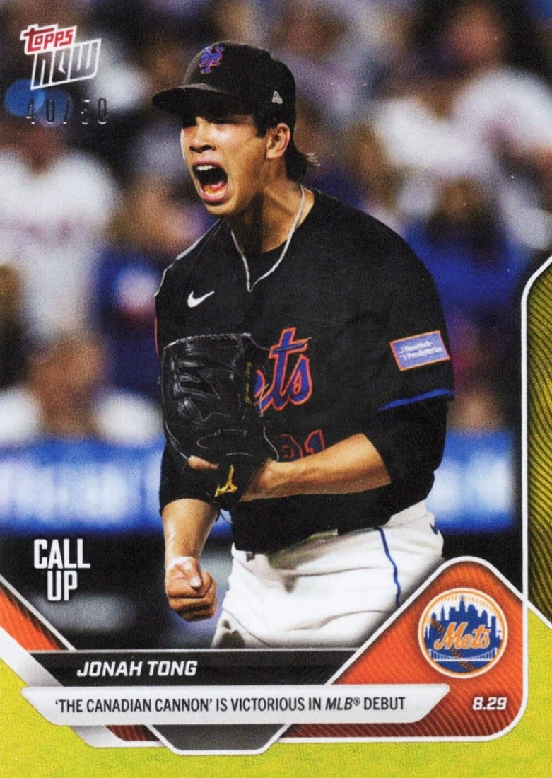 2025 Topps Now Jonah Tong #628 Gold Foil /50 Rookie Card New York Mets: 2025 Topps Now Jonah Tong #628 Gold Foil /50 Rookie Card New York Mets Celebrate the New York Mets with this 2025 Topps Now Jonah Tong #628 Gold Foil baseball card, limited to only 50 copies. This aut